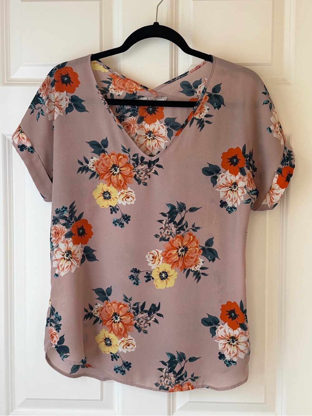 Pink Rose Mauve Floral V-Neck Short Sleeve Blouse Boho Romantic Cottagecore